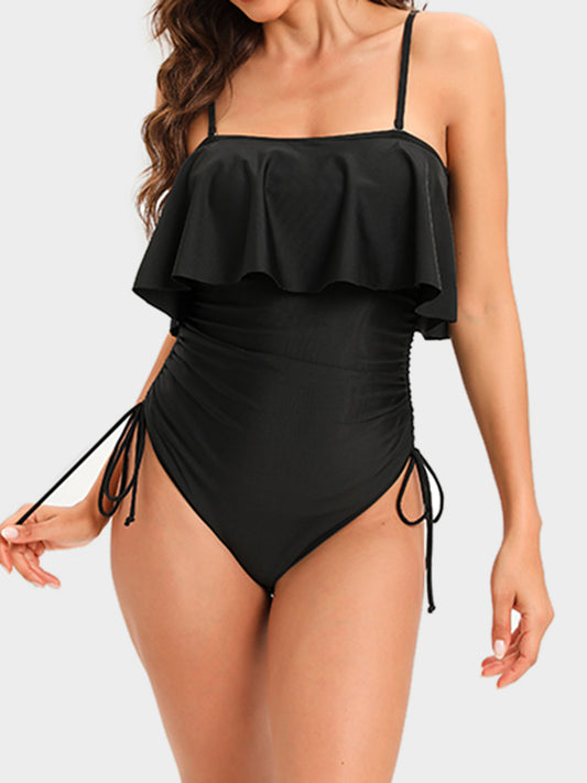 Drawstring Layered Spaghetti Strap One-Piece Swimwear - Black / S - Women’s Clothing & Accessories - Swimwear - 1 - 2024