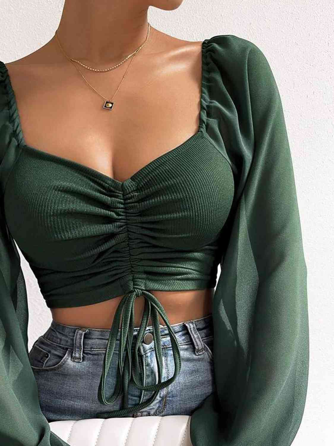 Drawstring Sweetheart Neck Cropped Top - Women’s Clothing & Accessories - Shirts & Tops - 8 - 2024