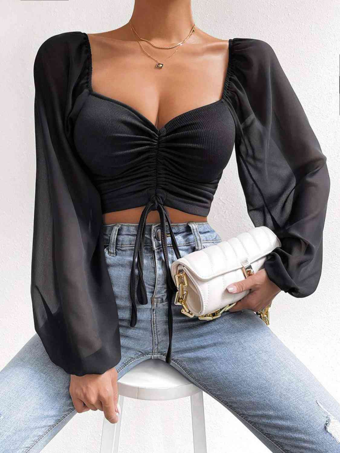 Drawstring Sweetheart Neck Cropped Top - Black / S - Women’s Clothing & Accessories - Shirts & Tops - 4 - 2024