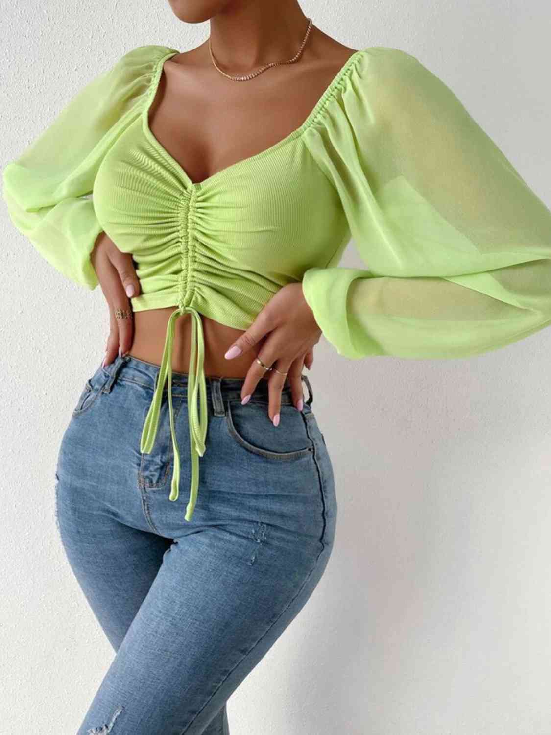 Drawstring Sweetheart Neck Cropped Top - Light Green / S - Women’s Clothing & Accessories - Shirts & Tops - 34 - 2024