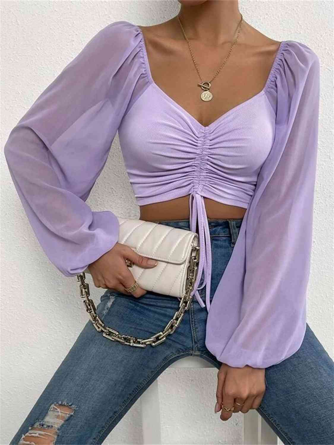 Drawstring Sweetheart Neck Cropped Top - Purple / S - Women’s Clothing & Accessories - Shirts & Tops - 31 - 2024