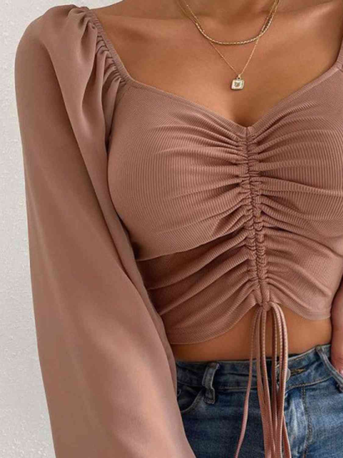 Drawstring Sweetheart Neck Cropped Top - Women’s Clothing & Accessories - Shirts & Tops - 12 - 2024
