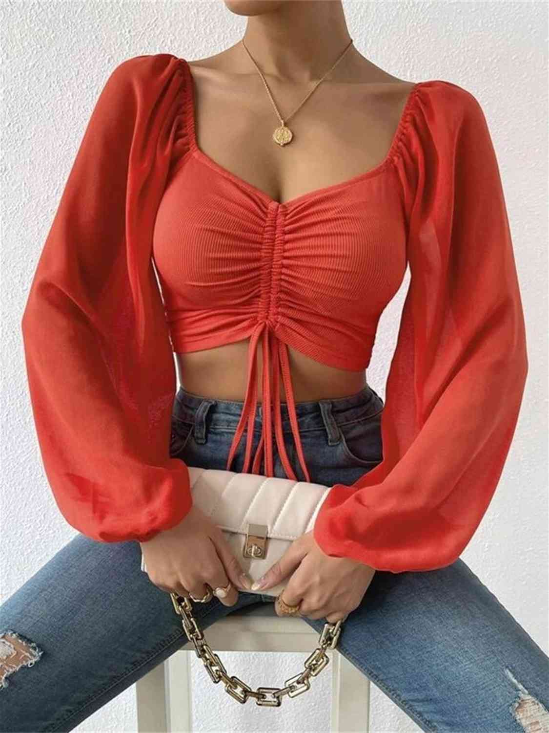 Drawstring Sweetheart Neck Cropped Top - Red / S - Women’s Clothing & Accessories - Shirts & Tops - 25 - 2024