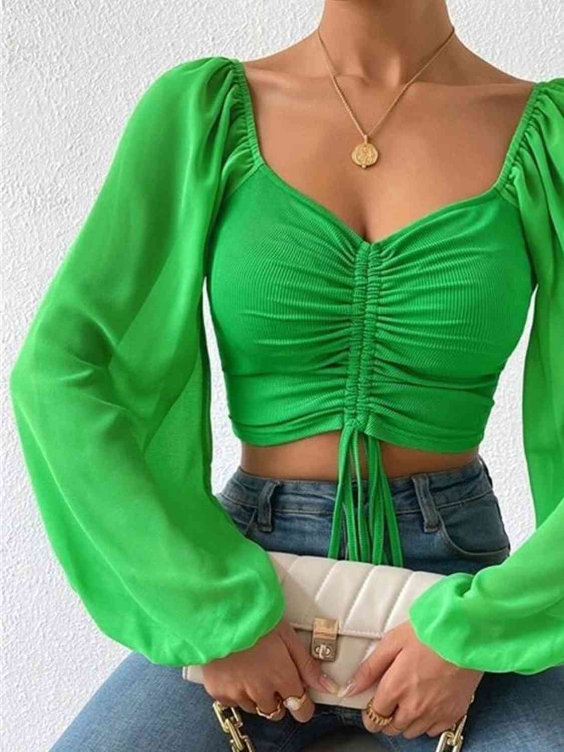 Drawstring Sweetheart Neck Cropped Top - Women’s Clothing & Accessories - Shirts & Tops - 23 - 2024