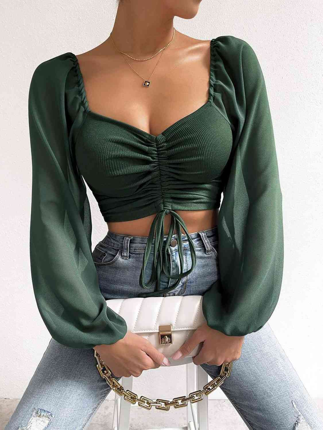 Drawstring Sweetheart Neck Cropped Top - Dark Green / S - Women’s Clothing & Accessories - Shirts & Tops - 7 - 2024