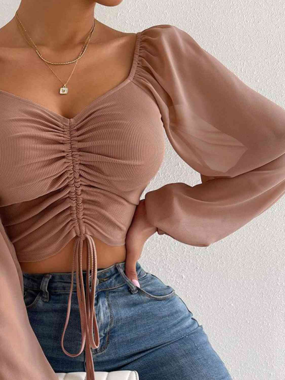 Drawstring Sweetheart Neck Cropped Top - Women’s Clothing & Accessories - Shirts & Tops - 11 - 2024