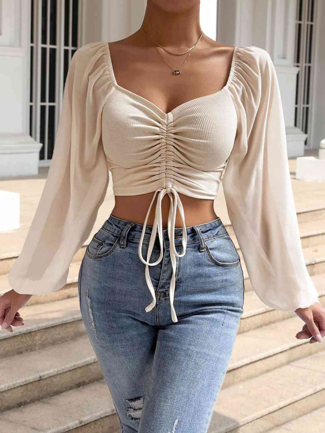 Drawstring Sweetheart Neck Cropped Top - Beige / S - Women’s Clothing & Accessories - Shirts & Tops - 1 - 2024