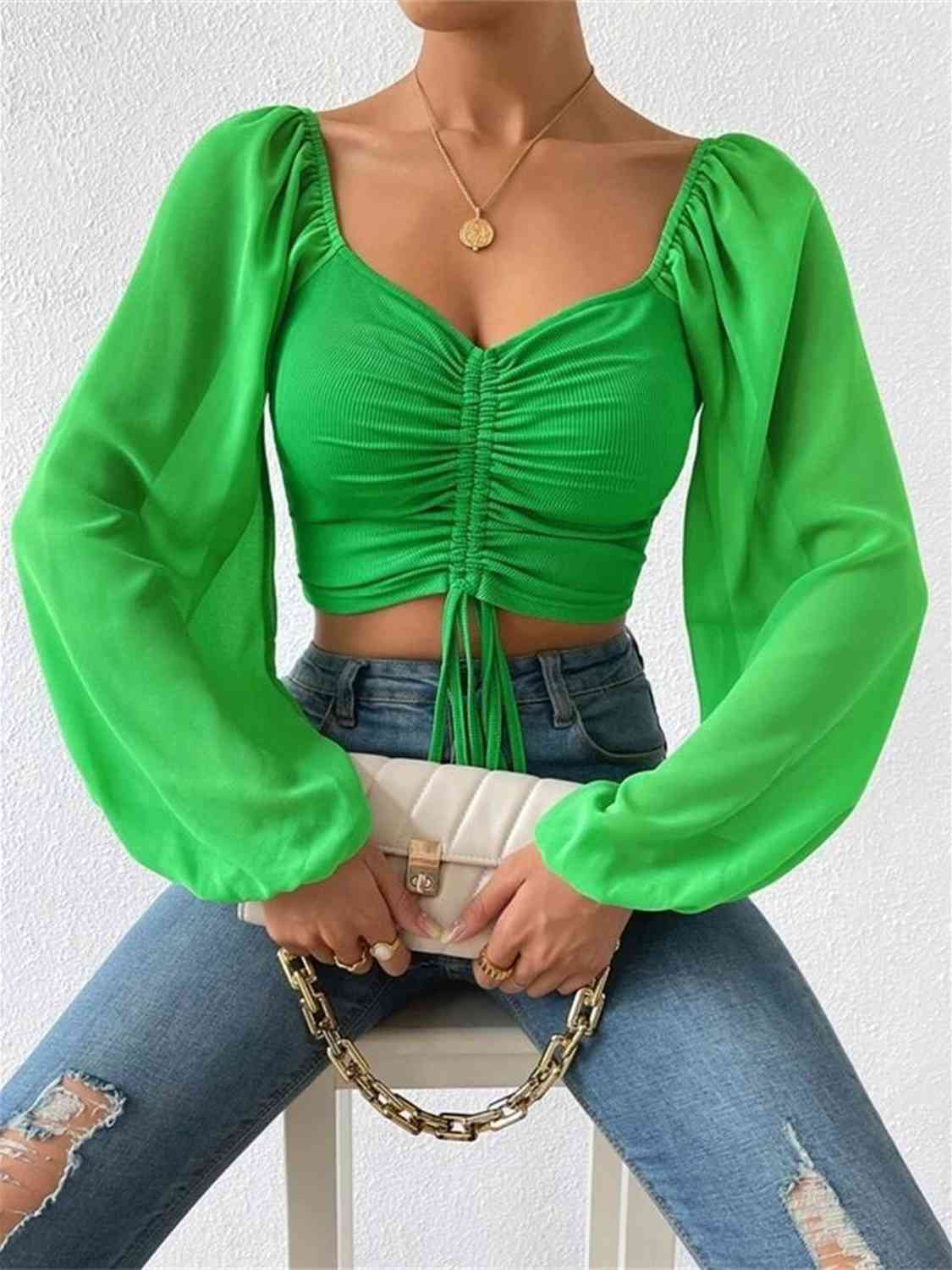 Drawstring Sweetheart Neck Cropped Top - Green / S - Women’s Clothing & Accessories - Shirts & Tops - 22 - 2024