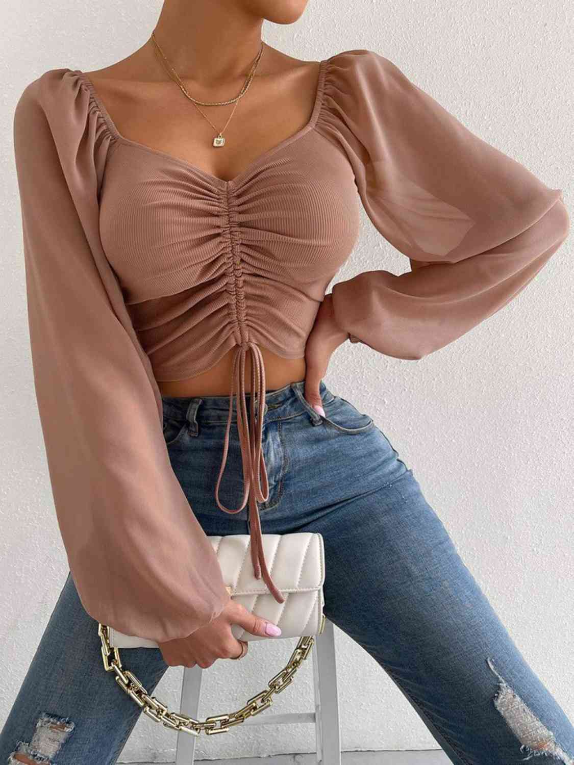 Drawstring Sweetheart Neck Cropped Top - Brown / S - Women’s Clothing & Accessories - Shirts & Tops - 10 - 2024