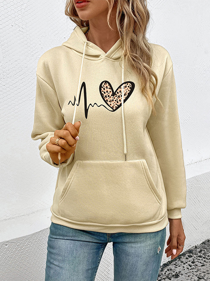 Dropped Shoulder Front Pocket Heart Graphic Hoodie - Khaki / S - Women’s Clothing & Accessories - Shirts & Tops - 1