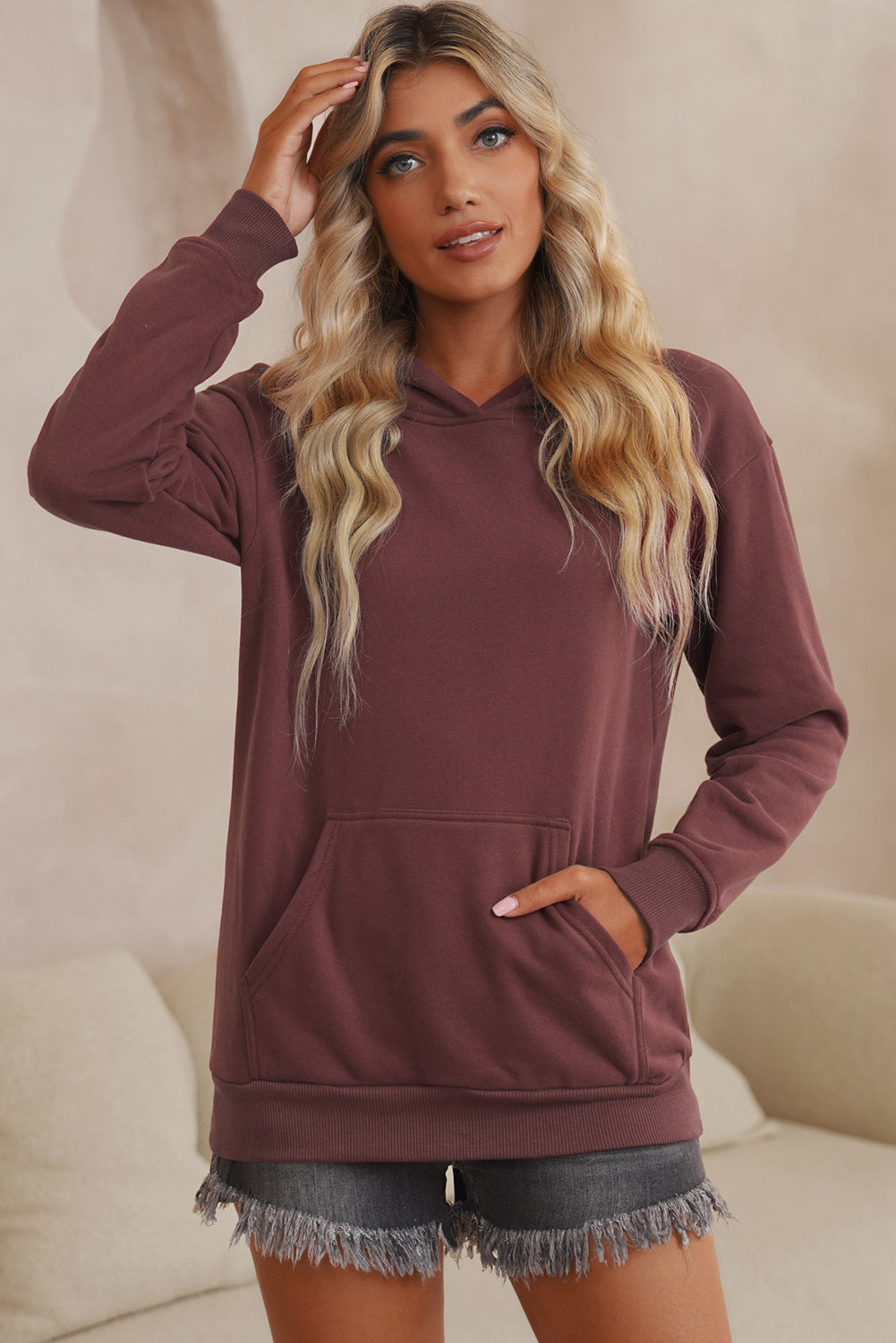Dropped Shoulder Kangaroo Pocket Hoodie - Red / S - Women’s Clothing & Accessories - Shirts & Tops - 5 - 2024