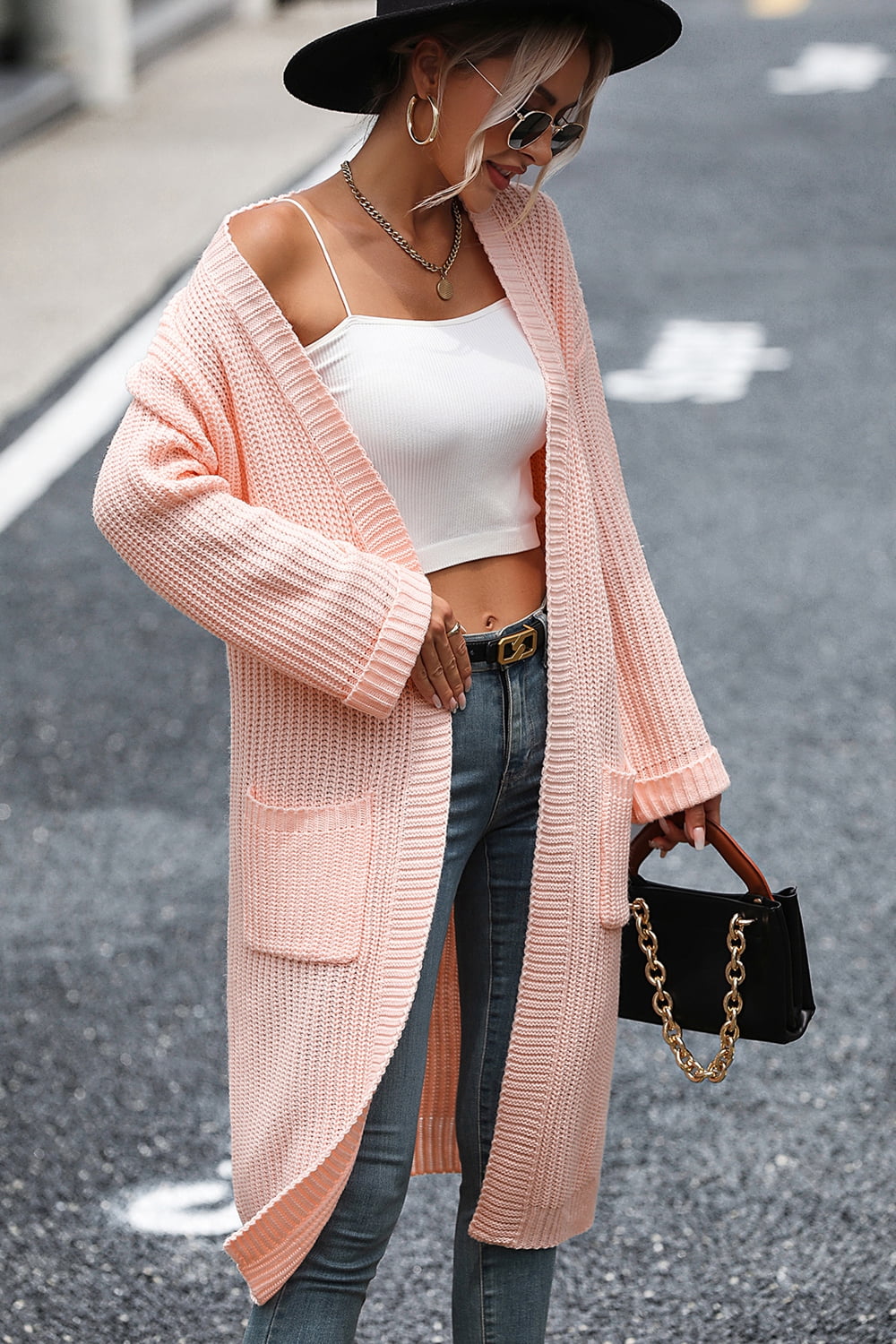 Dropped Shoulder Long Sleeve Cardigan with Pocket - Pink / S - Women’s Clothing & Accessories - Shirts & Tops - 13