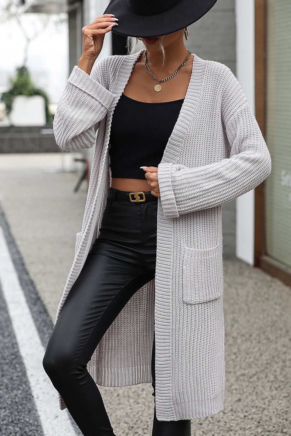 Dropped Shoulder Long Sleeve Cardigan with Pocket - Light Gray / S - Women’s Clothing & Accessories - Shirts & Tops