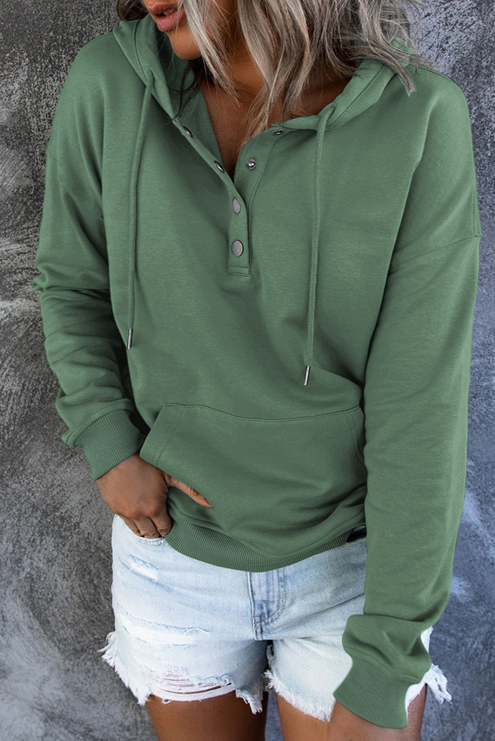 Dropped Shoulder Long Sleeve Hoodie with Pocket - Green / S - Women’s Clothing & Accessories - Shirts & Tops - 22 - 2024