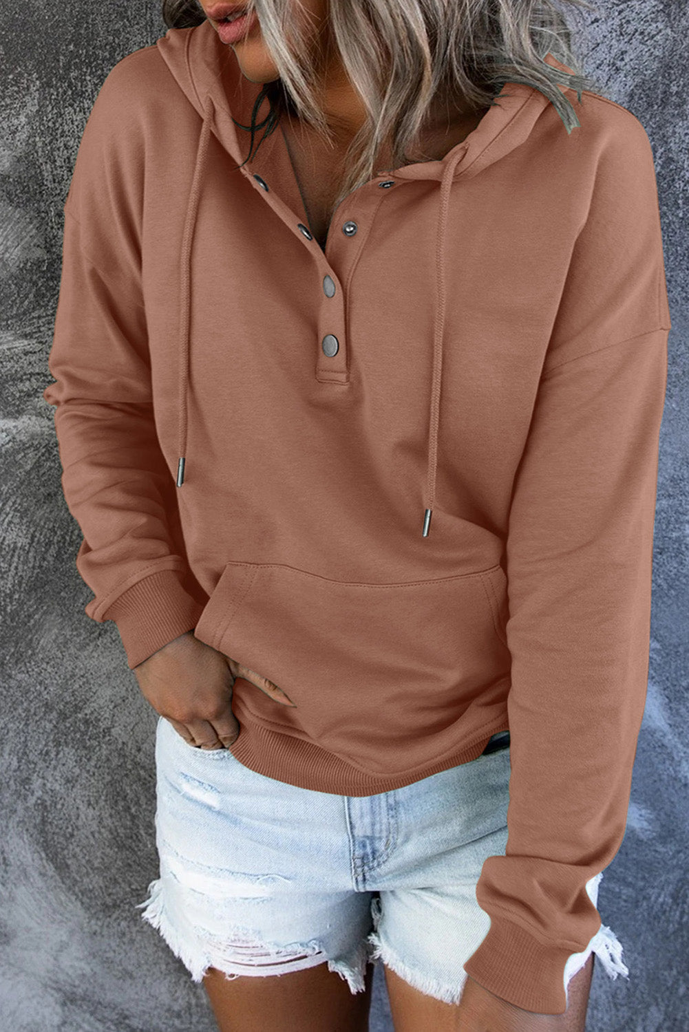 Dropped Shoulder Long Sleeve Hoodie with Pocket - Brown / S - Women’s Clothing & Accessories - Shirts & Tops - 25 - 2024