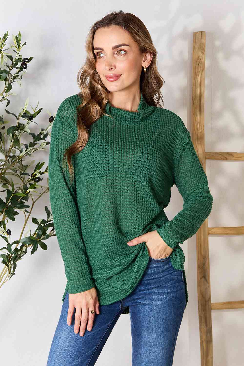 Dropped Shoulder Long Sleeve Slit Blouse - Green / S - Women’s Clothing & Accessories - Shirts & Tops - 1 - 2024