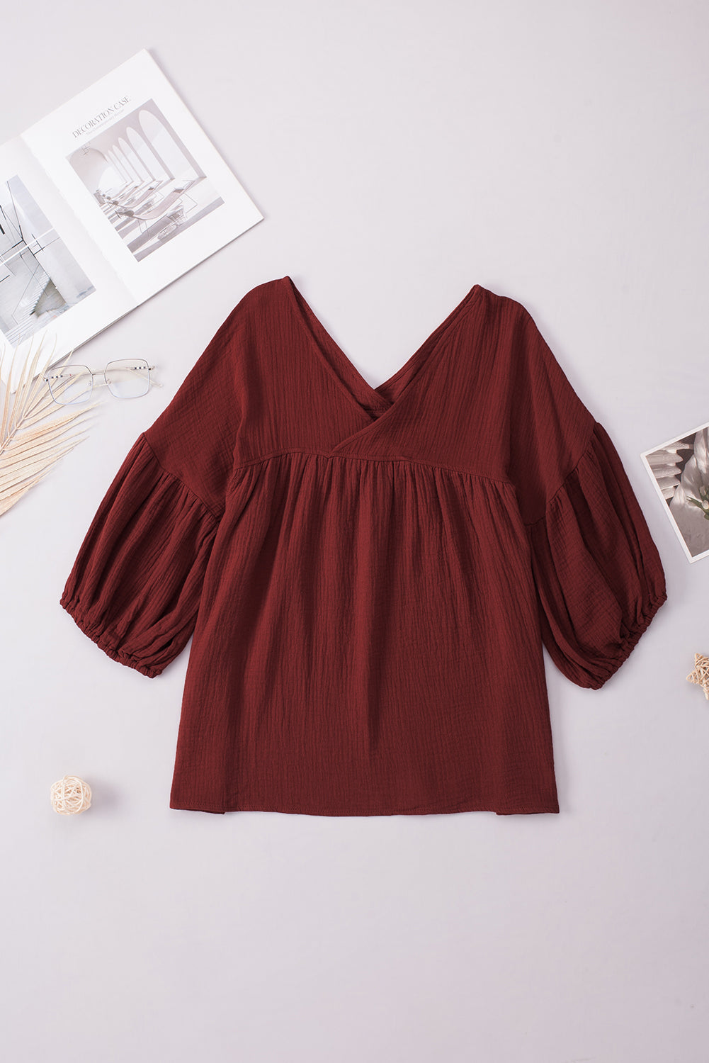 Dropped Shoulder V-Neck Blouse - Red / S - Women’s Clothing & Accessories - Shirts & Tops - 22 - 2024