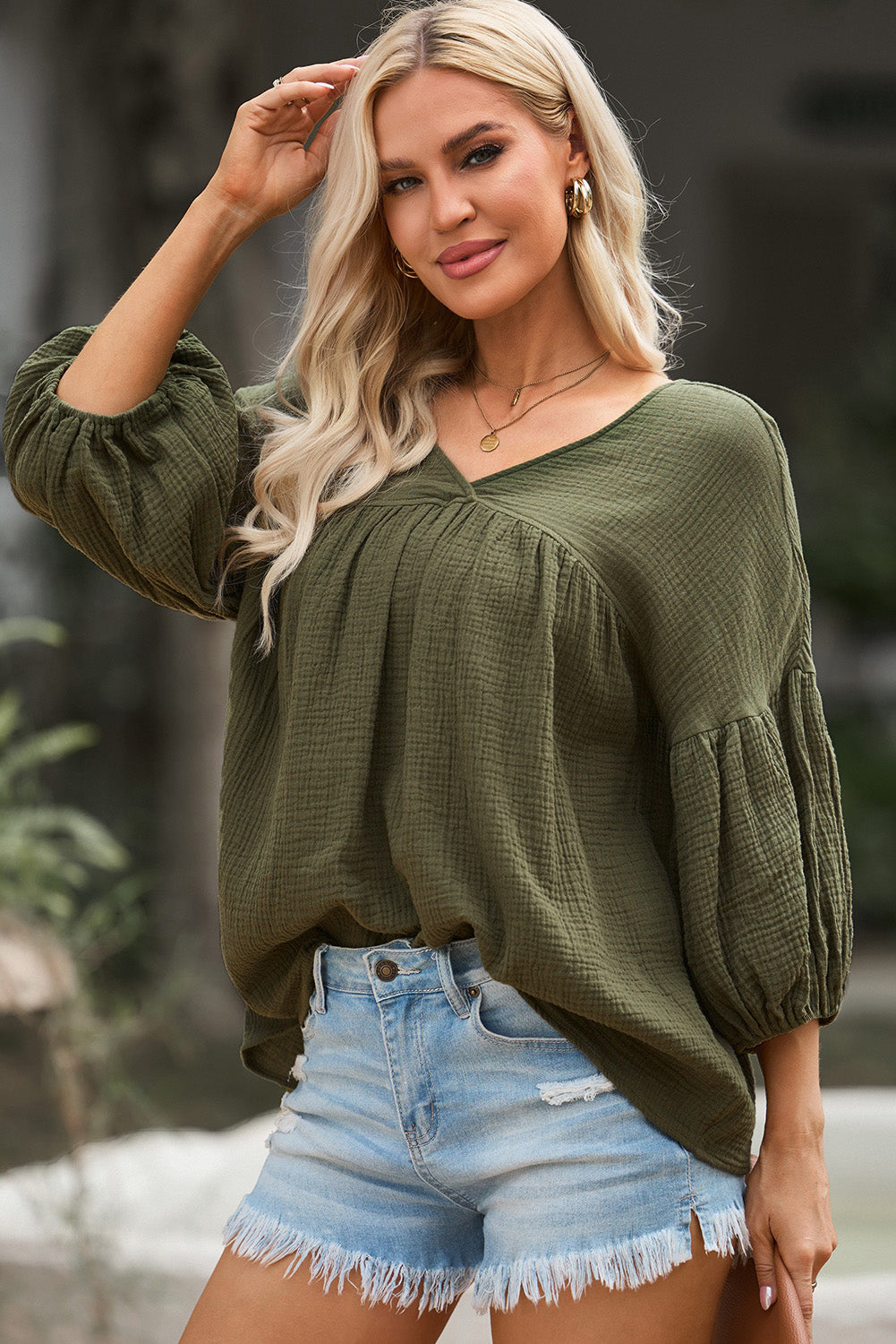 Dropped Shoulder V-Neck Blouse - Women’s Clothing & Accessories - Shirts & Tops - 7 - 2024