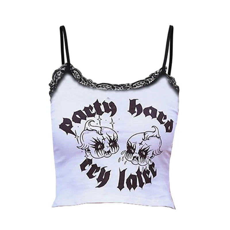 E-girl Gothic Grunge Lace Trim Camisole - Y2K Fairy Coquette Crop Top - Type 18 / S - Women’s Clothing & Accessories