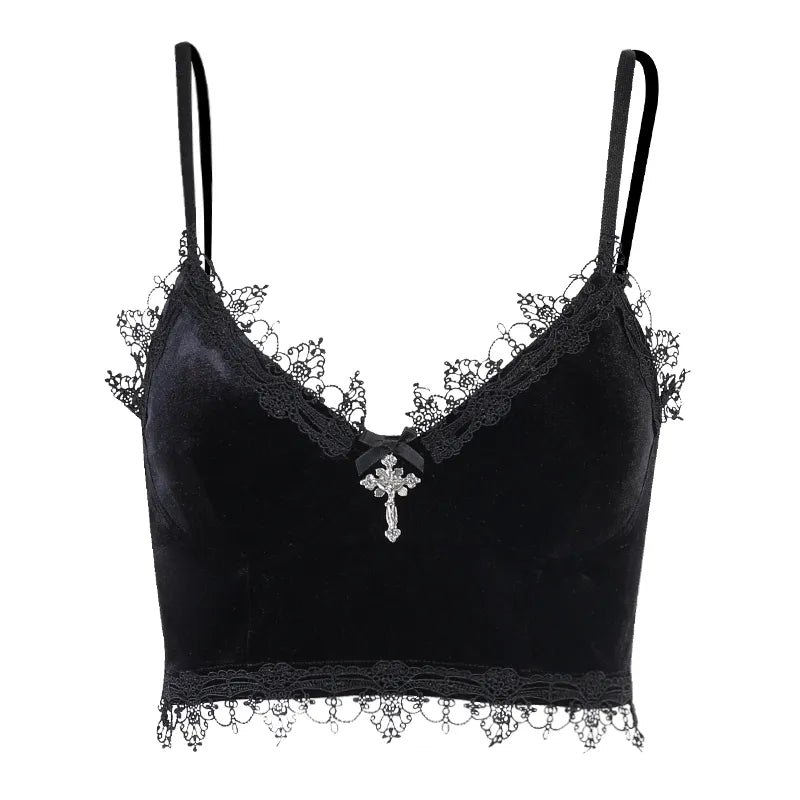 E-girl Gothic Grunge Lace Trim Camisole - Y2K Fairy Coquette Crop Top - Type 5 / S - Women’s Clothing & Accessories