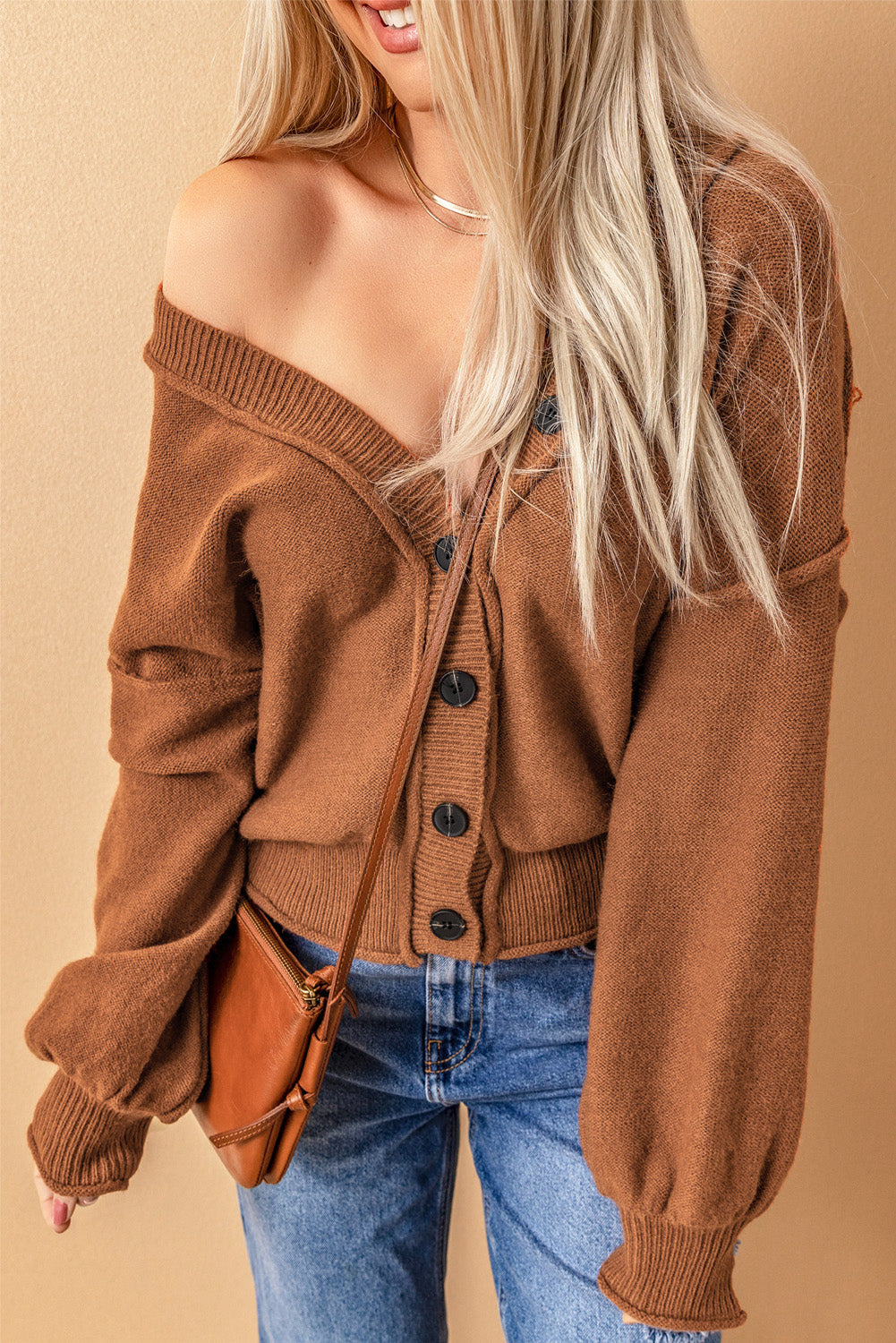 Exposed Seam Button Down Cardigan - Brown / M - Women’s Clothing & Accessories - Shirts & Tops - 1 - 2024