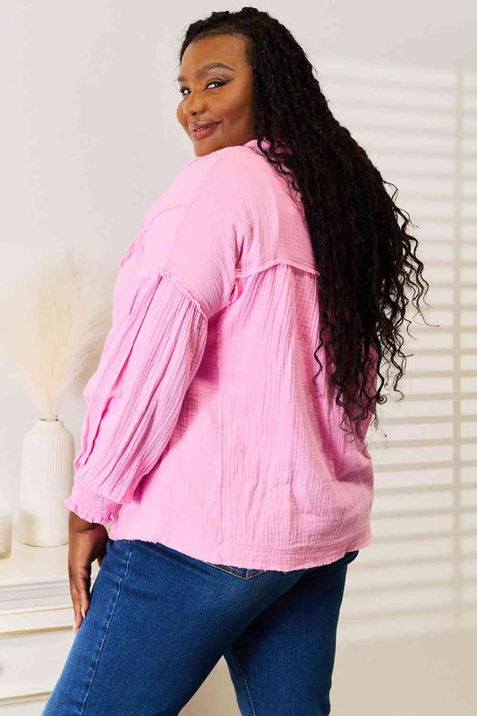 Exposed Seam Buttoned Notched Neck Blouse - Women’s Clothing & Accessories - Shirts & Tops - 2 - 2024