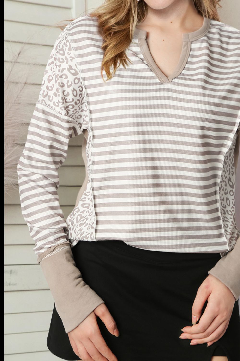 Exposed Seam Striped Notched Blouse - Women’s Clothing & Accessories - Shirts & Tops - 3 - 2024