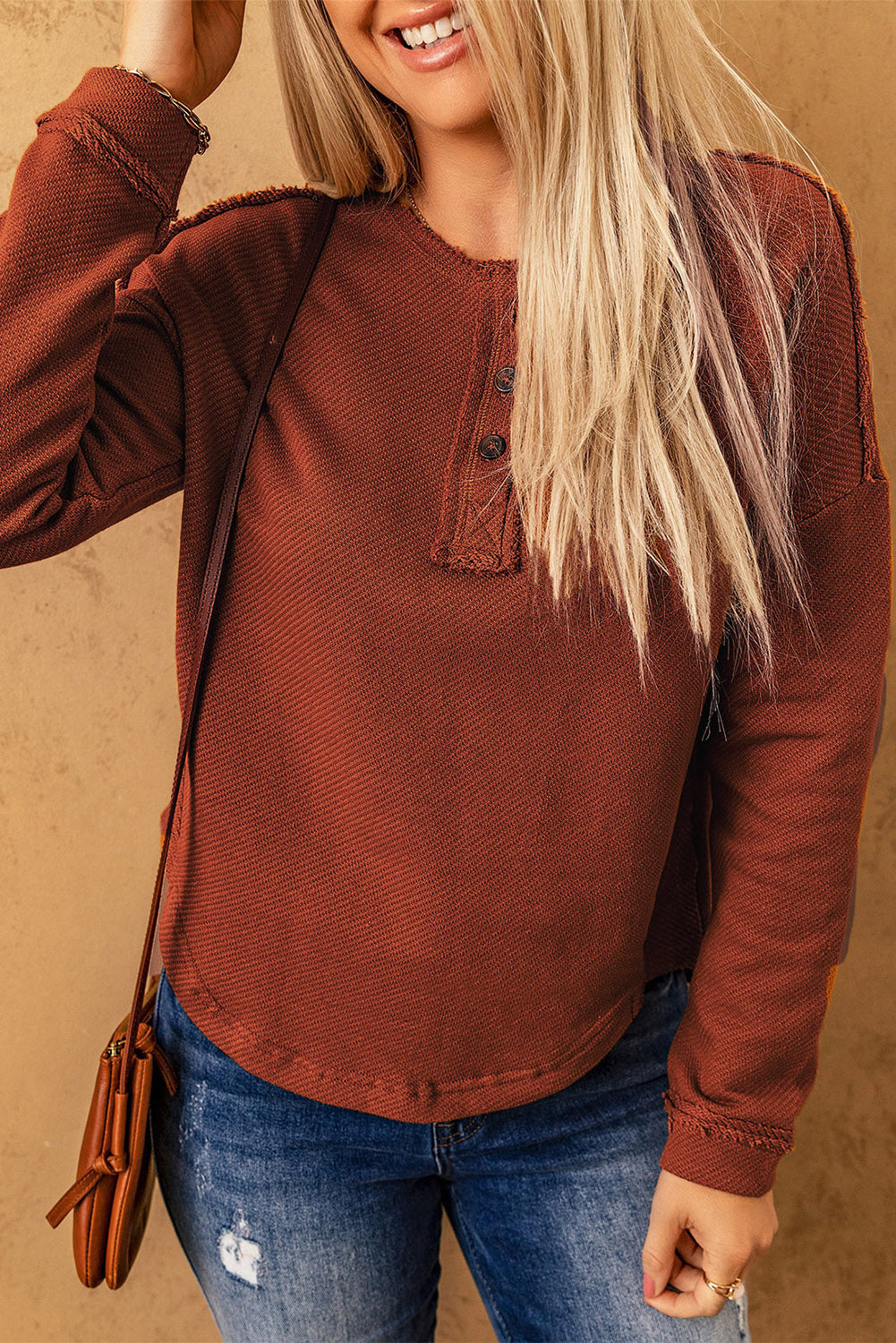 Exposed Seams Round Neck Long Sleeve Blouse - Brown / S - Women’s Clothing & Accessories - Shirts & Tops - 1 - 2024