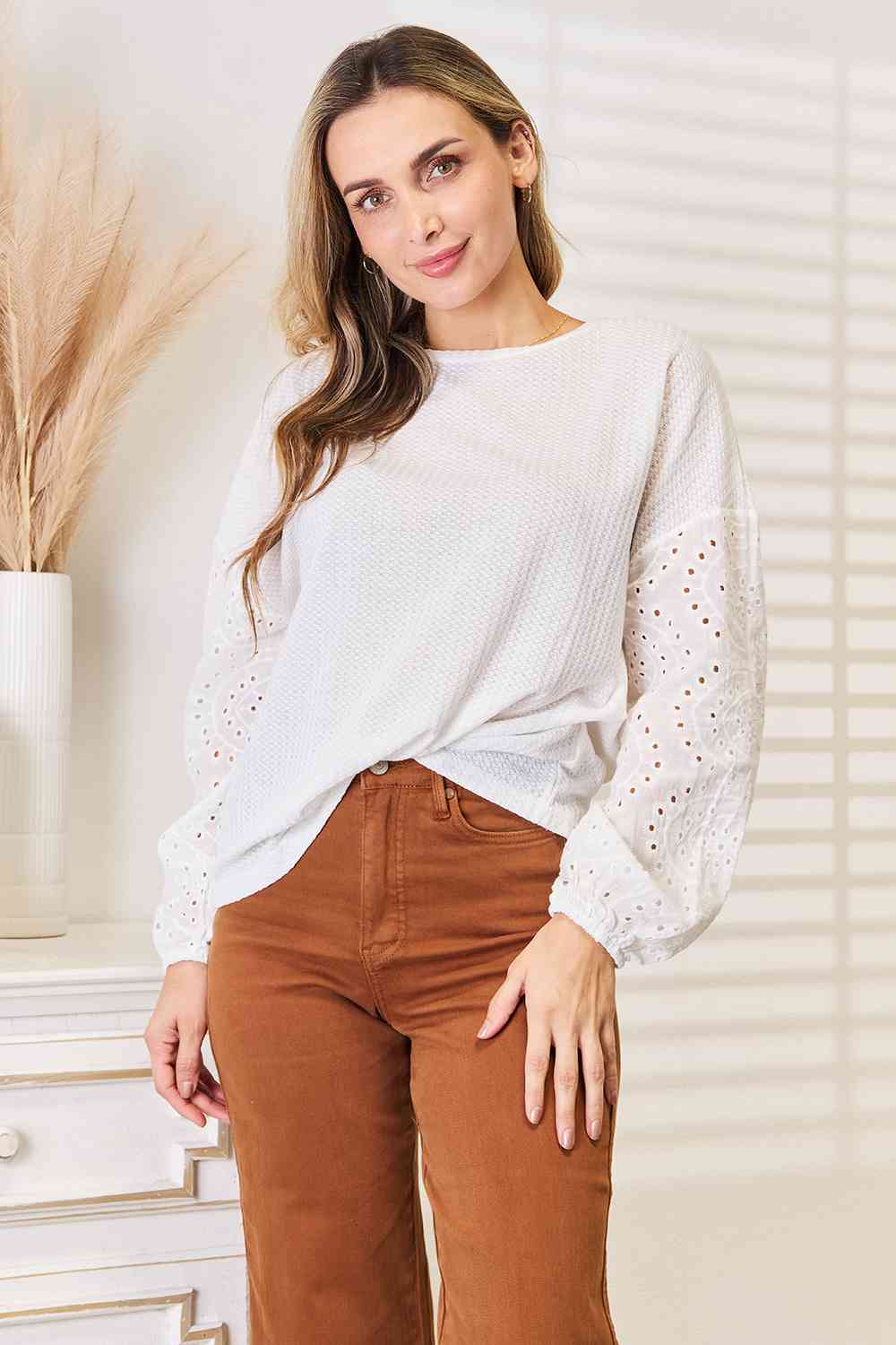 Eyelet Dropped Shoulder Round Neck Blouse - Women’s Clothing & Accessories - Shirts & Tops - 6 - 2024