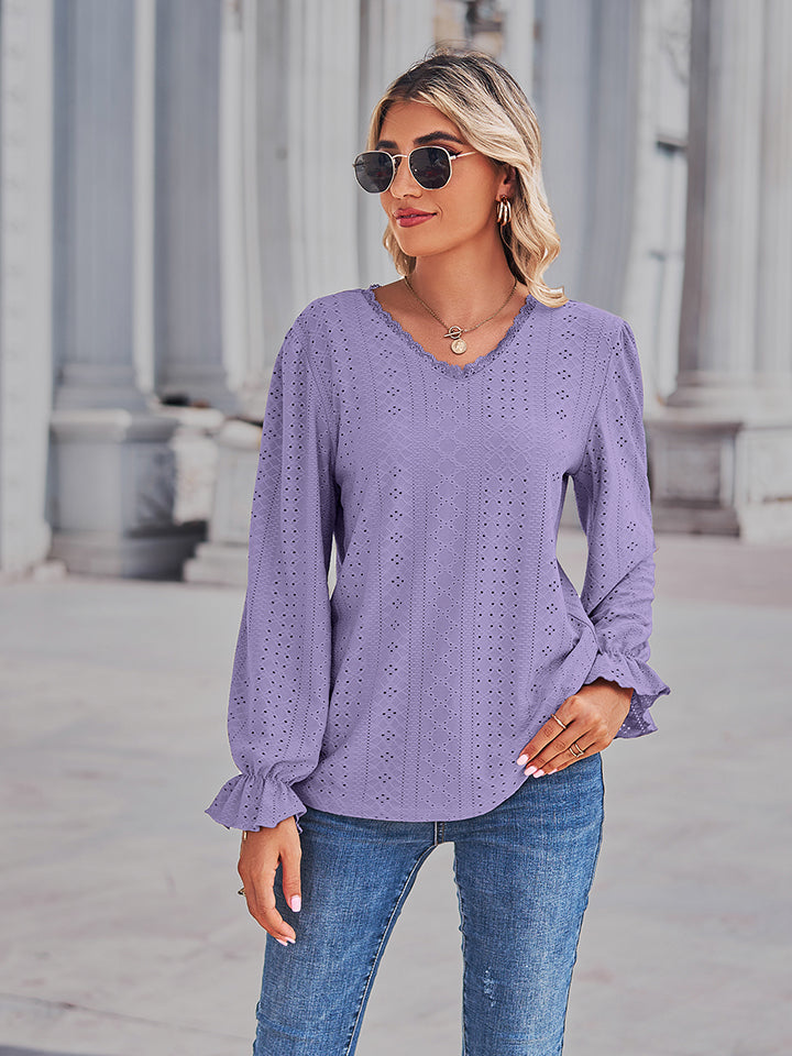 Eyelet V-Neck Flounce Sleeve Blouse - Purple / S - Women’s Clothing & Accessories - Shirts & Tops - 10 - 2024