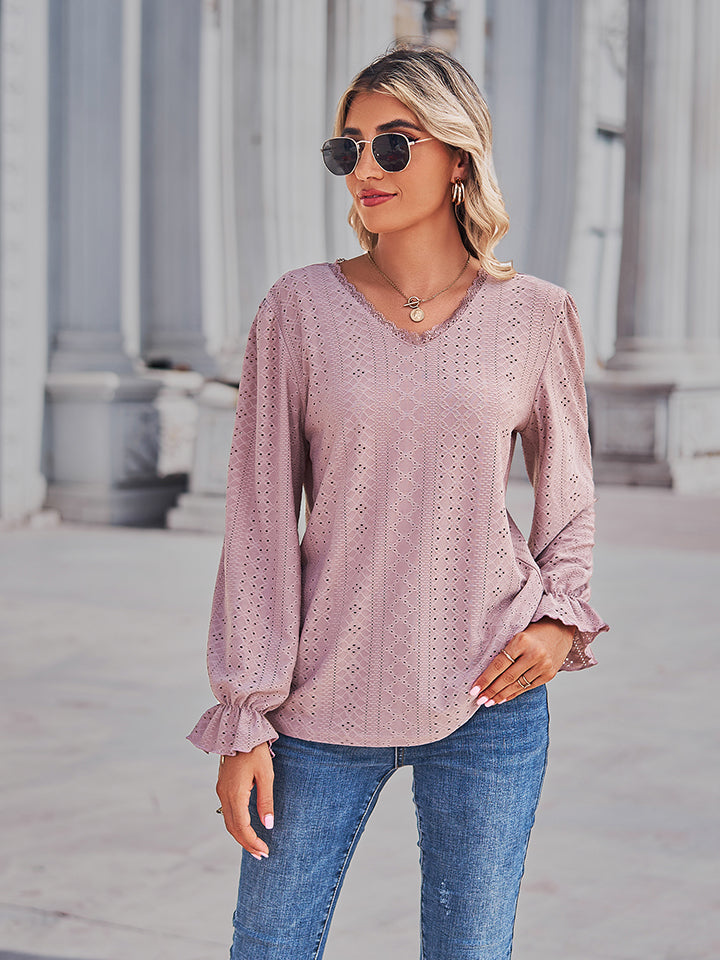 Eyelet V-Neck Flounce Sleeve Blouse - Light Pink / S - Women’s Clothing & Accessories - Shirts & Tops - 7 - 2024