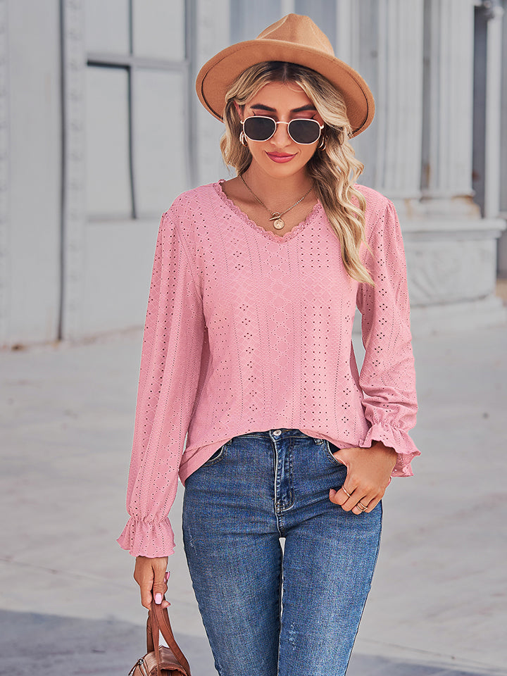 Eyelet V-Neck Flounce Sleeve Blouse - Pink / S - Women’s Clothing & Accessories - Shirts & Tops - 4 - 2024