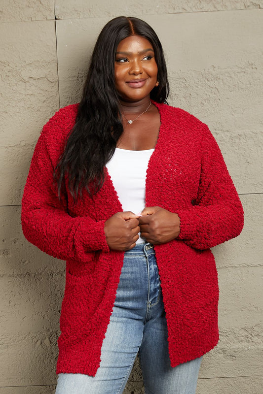 Falling For You Full Size Open Front Popcorn Cardigan - Red / S - Women’s Clothing & Accessories - Shirts & Tops - 1