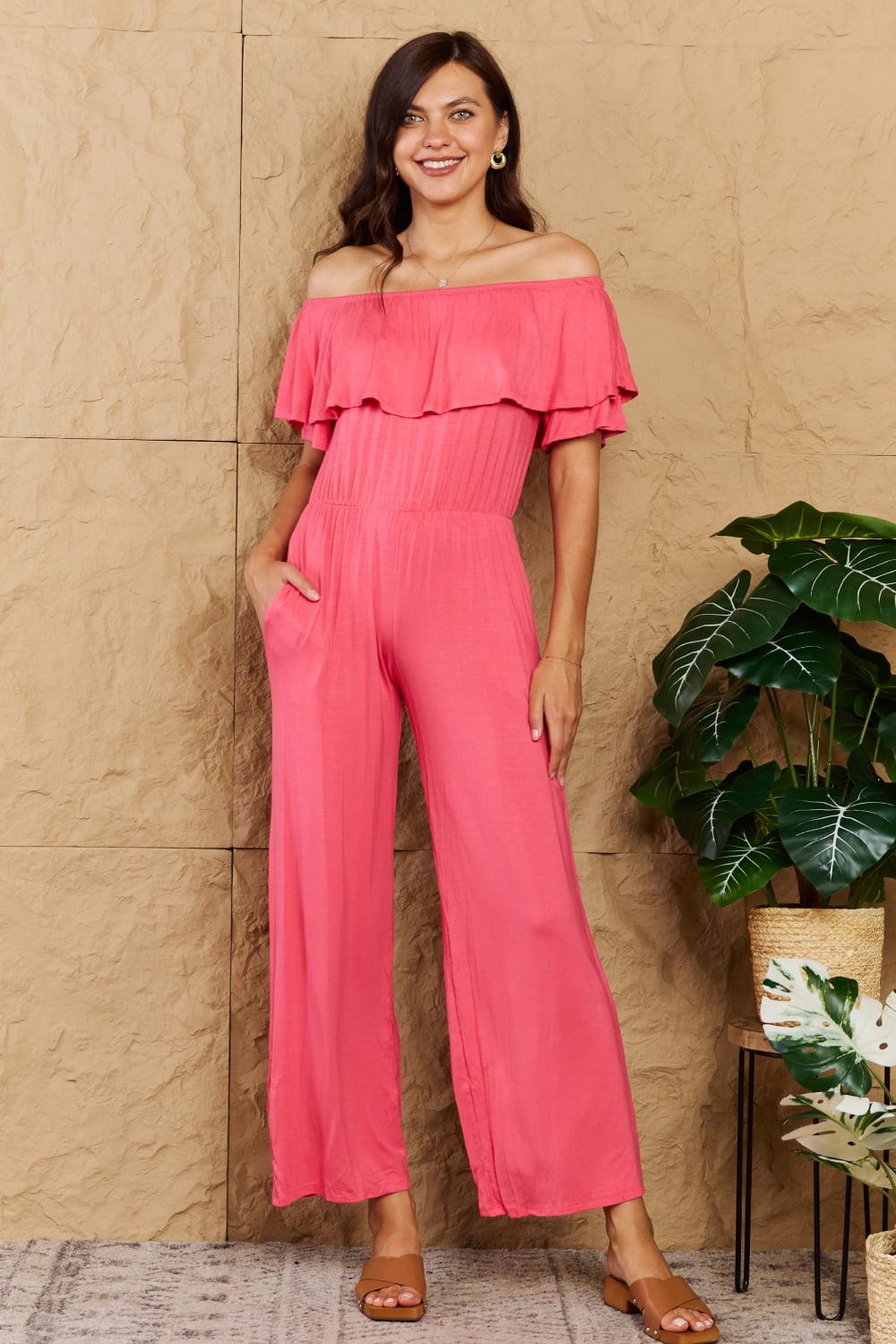 My Favorite Full Size Off-Shoulder Jumpsuit with Pockets - Pink / S - Women’s Clothing & Accessories - Jumpsuits &