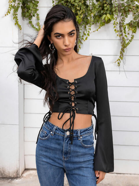 Flare Sleeve Lace Up Crop Top - Women’s Clothing & Accessories - Shirts & Tops - 4 - 2024