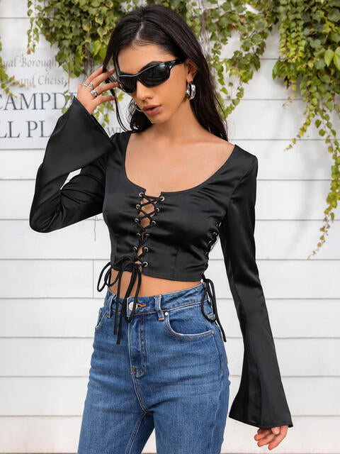 Flare Sleeve Lace Up Crop Top - Women’s Clothing & Accessories - Shirts & Tops - 3 - 2024