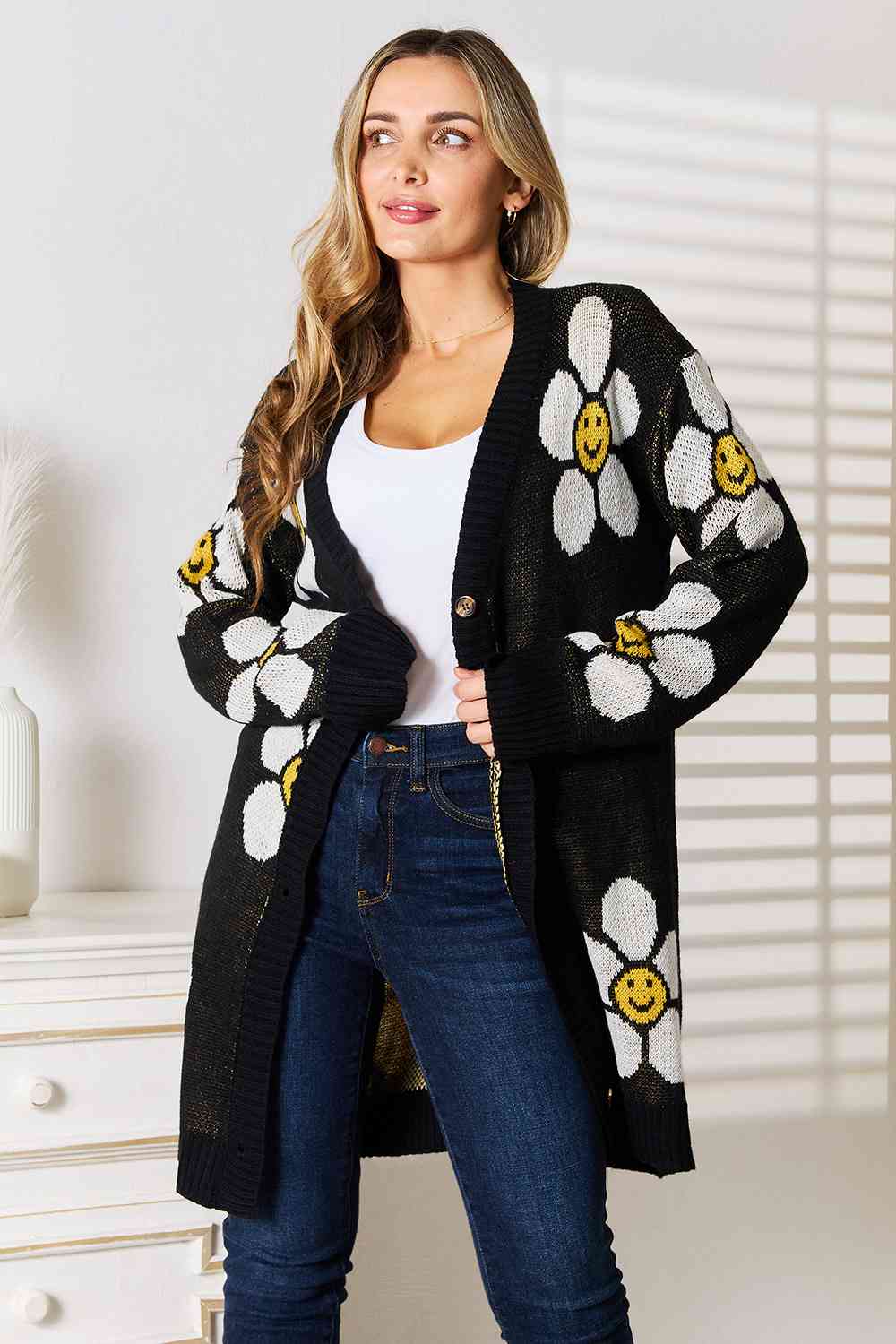 Floral Button Down Longline Cardigan - Black / S - Women’s Clothing & Accessories - Shirts & Tops - 1 - 2024