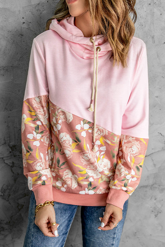 Floral Color Block Drawstring Hoodie - Pink / S - Women’s Clothing & Accessories - Shirts & Tops - 1 - 2024