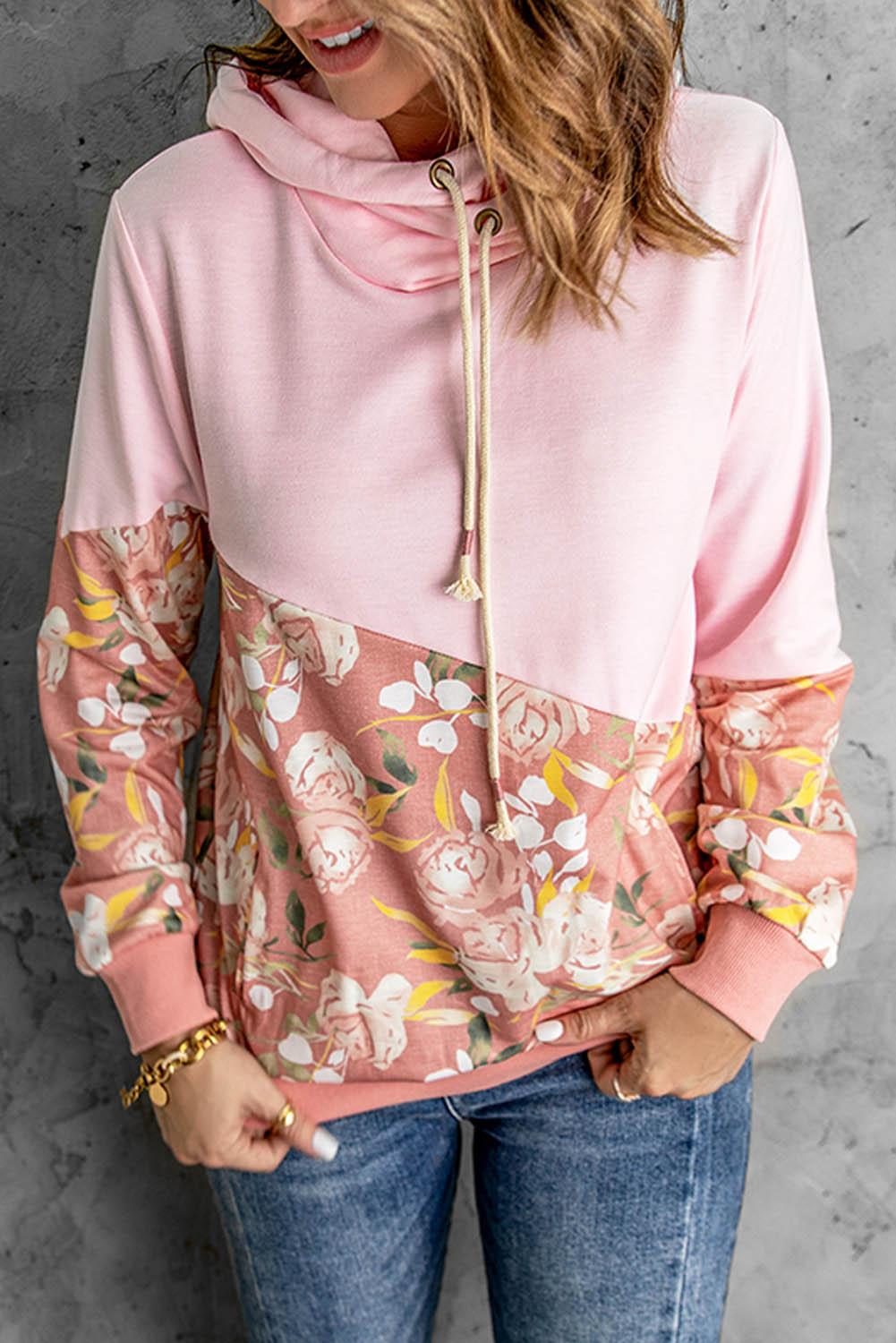 Floral Color Block Drawstring Hoodie - Women’s Clothing & Accessories - Shirts & Tops - 3 - 2024