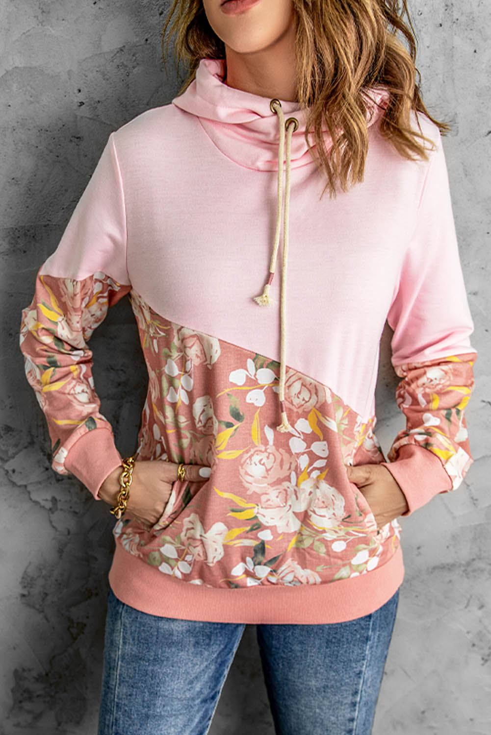 Floral Color Block Drawstring Hoodie - Women’s Clothing & Accessories - Shirts & Tops - 4 - 2024