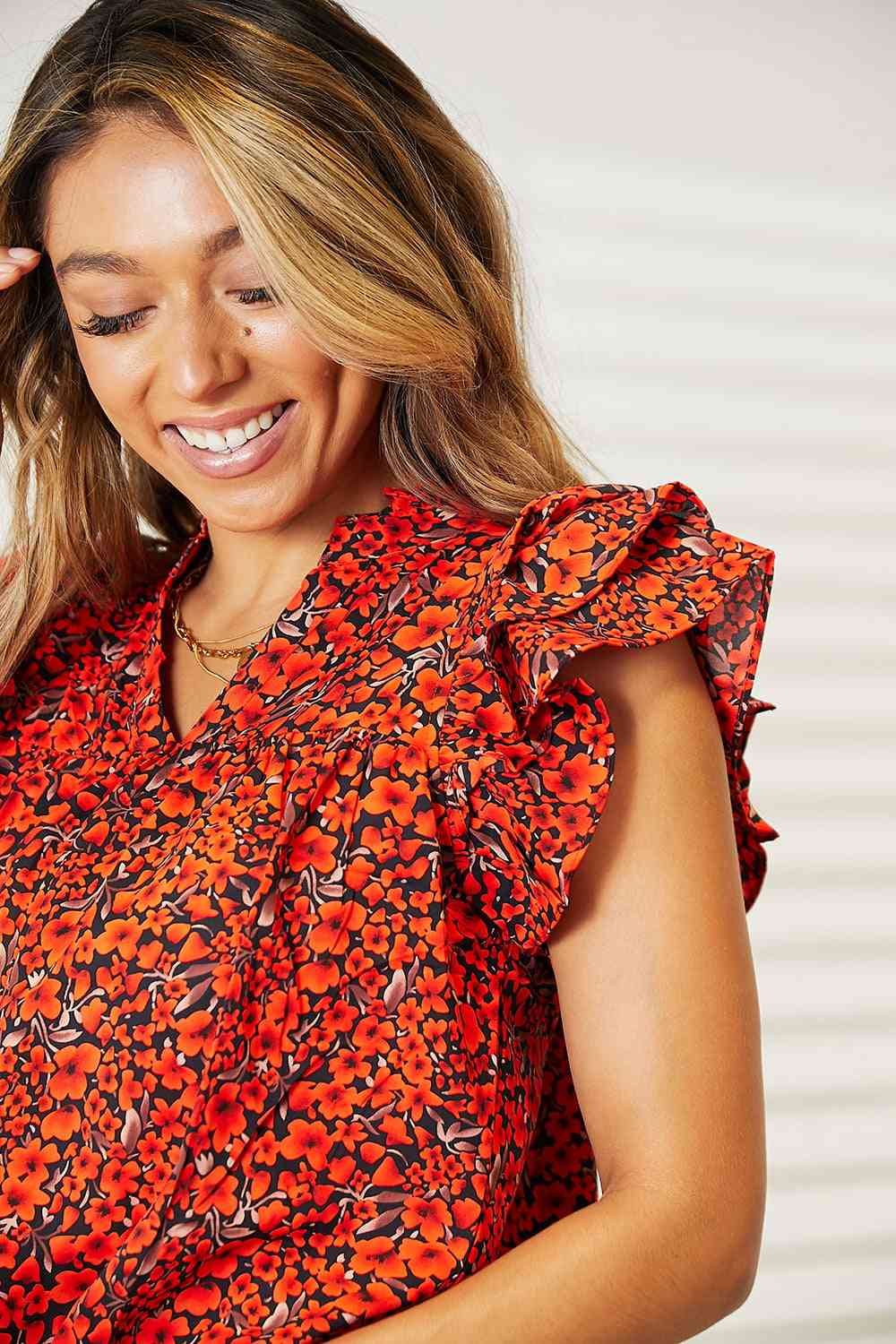Floral Flutter Sleeve Notched Neck Blouse - Women’s Clothing & Accessories - Shirts & Tops - 10 - 2024
