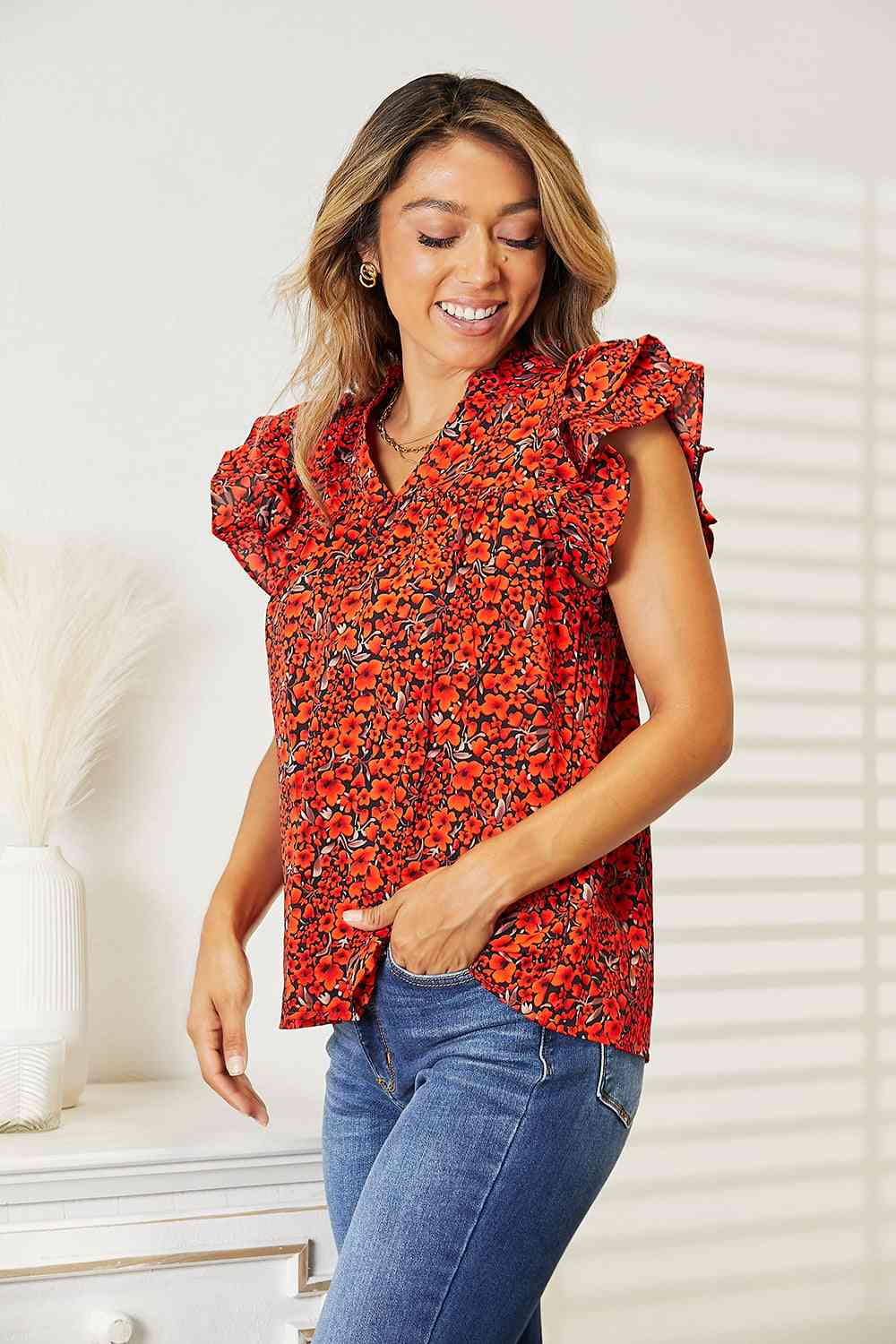 Floral Flutter Sleeve Notched Neck Blouse - Women’s Clothing & Accessories - Shirts & Tops - 8 - 2024