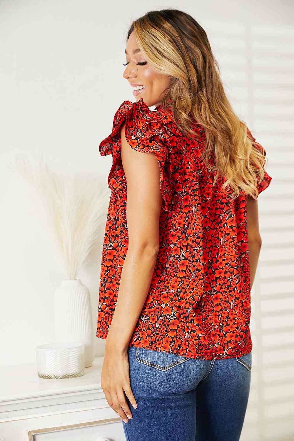 Floral Flutter Sleeve Notched Neck Blouse - Women’s Clothing & Accessories - Shirts & Tops - 9 - 2024