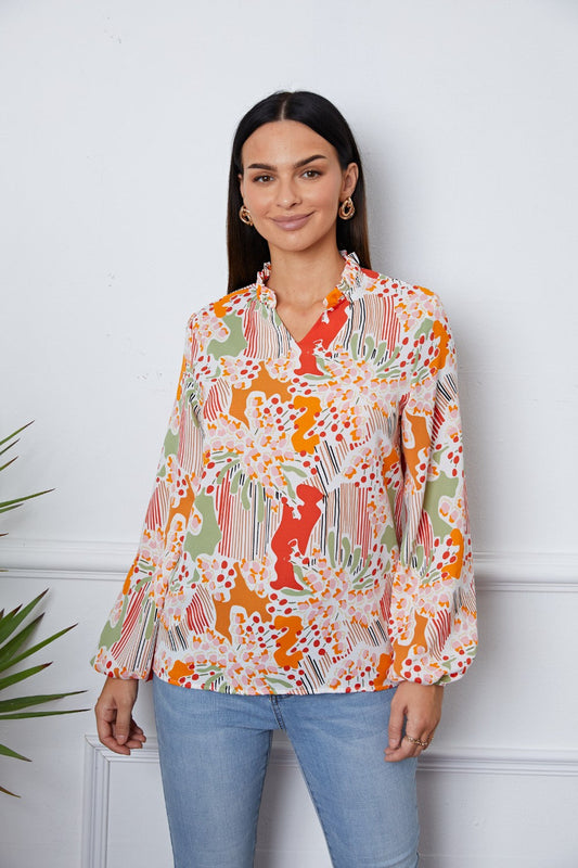 Floral Frill Notched Long Sleeve Blouse - Multicolor / S - Women’s Clothing & Accessories - Shirts & Tops - 1 - 2024