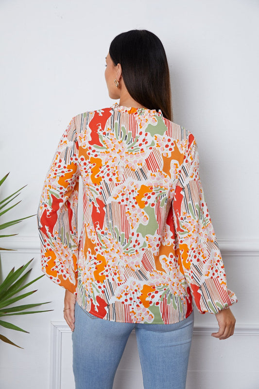 Floral Frill Notched Long Sleeve Blouse - Women’s Clothing & Accessories - Shirts & Tops - 2 - 2024
