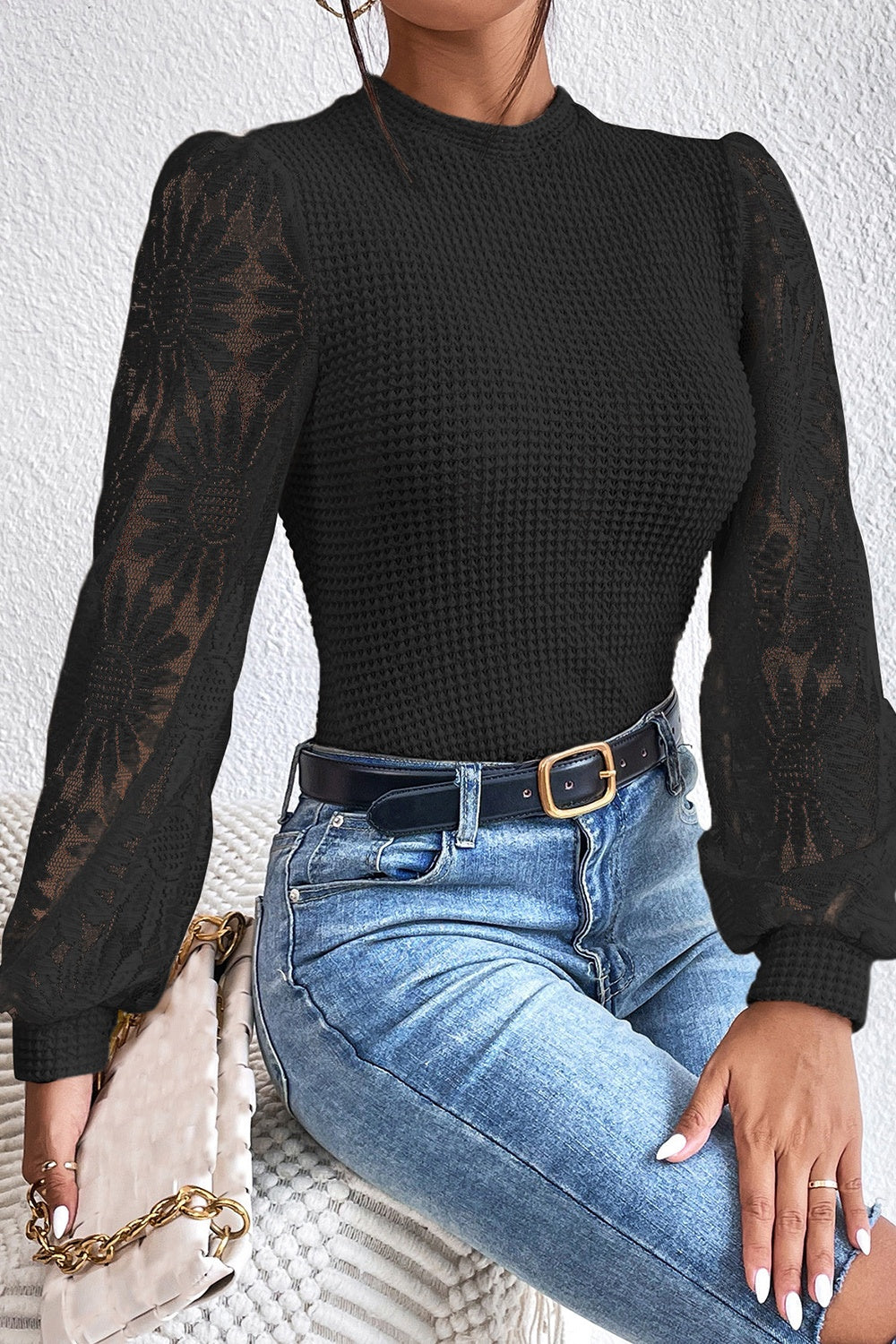 Floral Lace Detail Lantern Sleeve Blouse - Women’s Clothing & Accessories - Shirts & Tops - 5 - 2024
