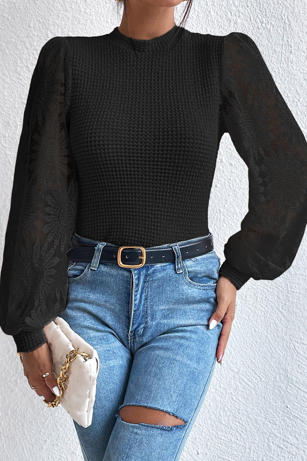 Floral Lace Detail Lantern Sleeve Blouse - Black / S - Women’s Clothing & Accessories - Shirts & Tops - 4 - 2024