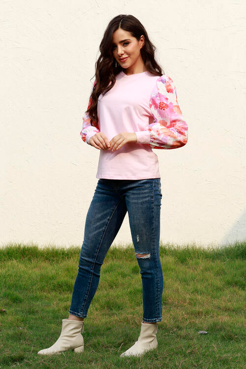 Floral Lantern Sleeve Round Neck Blouse - Women’s Clothing & Accessories - Shirts & Tops - 3 - 2024