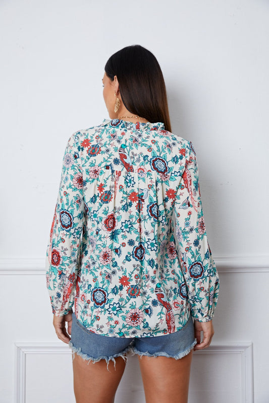 Floral Notched Long Sleeve Blouse - Women’s Clothing & Accessories - Shirts & Tops - 2 - 2024