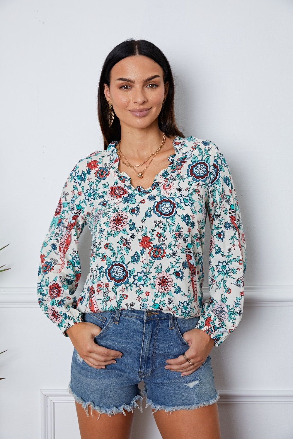 Floral Notched Long Sleeve Blouse - Multicolored / S - Women’s Clothing & Accessories - Shirts & Tops - 1 - 2024